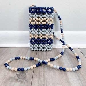Vintage 70s women’s circle beaded crossbody pouch phone holder blue